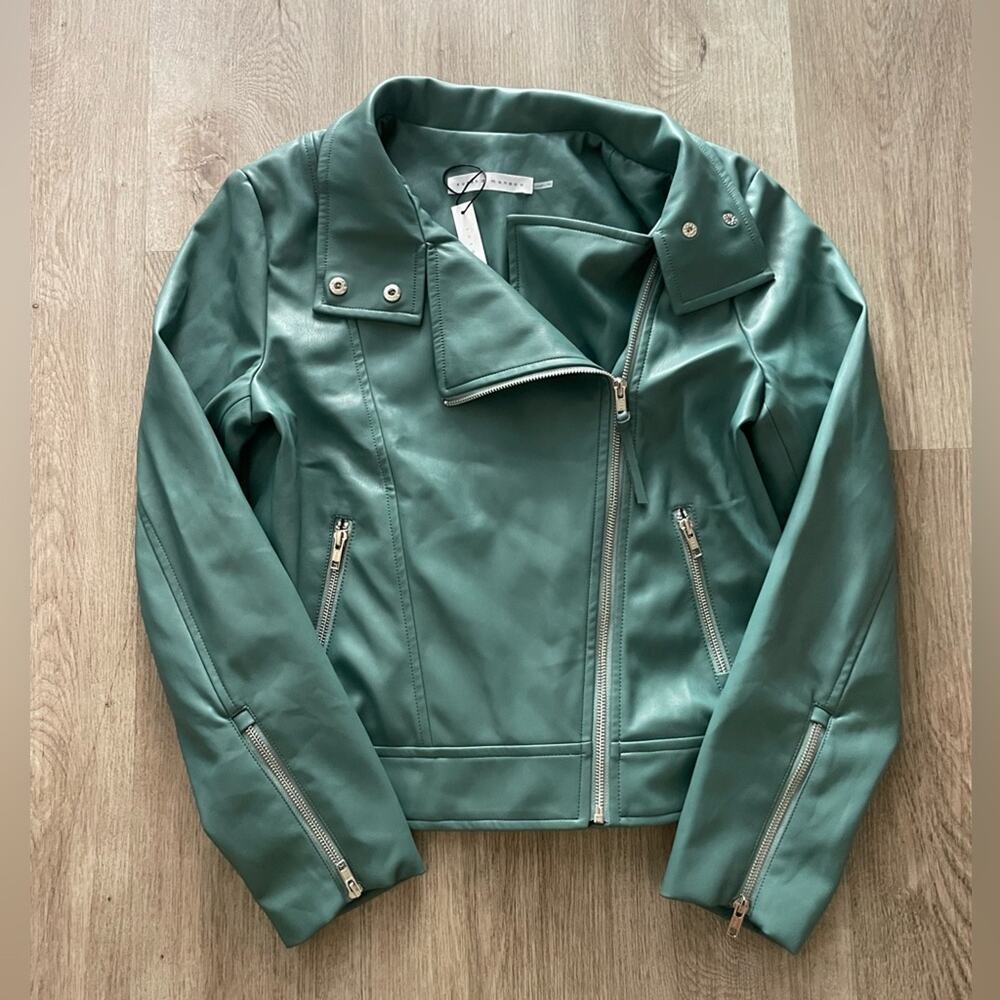 susan monaco teal green faux leather classic moto jacket coat size small NEW